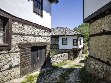 Bulgaristan 'ın Blagoevgrad bölgesindeki Otantik 19. yüzyıl evleriyle Dolen Köyü manzarası