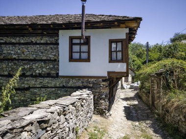 Bulgaristan 'ın Blagoevgrad bölgesindeki Otantik 19. yüzyıl evleriyle Dolen Köyü manzarası