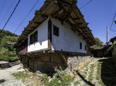 Bulgaristan 'ın Blagoevgrad bölgesindeki Otantik 19. yüzyıl evleriyle Dolen Köyü manzarası