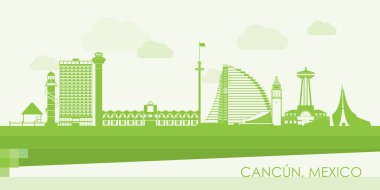 Meksika, Cancun şehrinin Yeşil Skyline panoraması - vektör illüstrasyonu