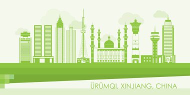 Urumqi şehrinin Yeşil Skyline panoraması, Xinjiang, Çin - vektör illüstrasyonu