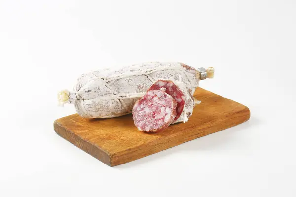 Dry Cured French Sausage Wooden Cutting Board — Stock Photo, Image