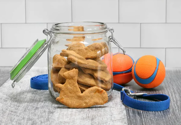 Eekhoornvormige Hondenkoekjes Een Glazen Pot Hondenriem Speelgoedballen Aan Zijkant — Stockfoto