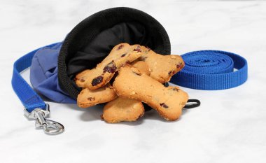 Cranberry dog cookies in a training pouch and a dog leash.  Macro clipart