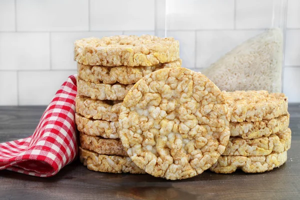 Stack Puffed Rice Cakes Wooden Table Canister Rice Macro Royalty Free Stock Photos