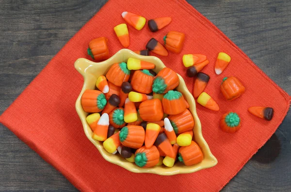 Top View Leaf Dish Filled Candy Corn Candy Pumpkins Royalty Free Stock Photos