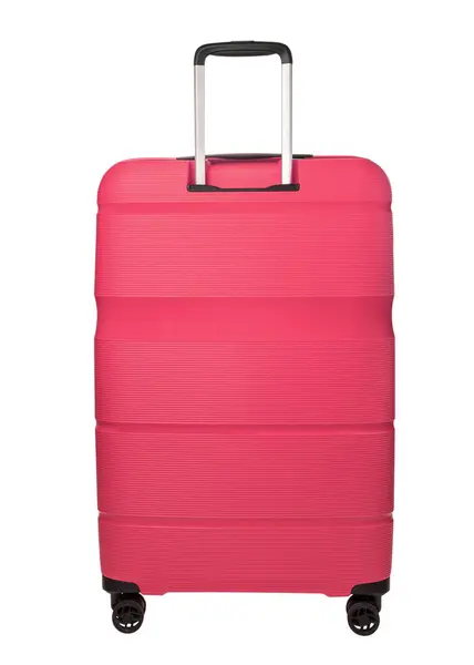 Ταξίδι Ροζ Βαλίτσα Απομονώνονται Λευκό Φόντο Πλαστική Βαλίτσα Ταξιδιού Ρόδες — Φωτογραφία Αρχείου