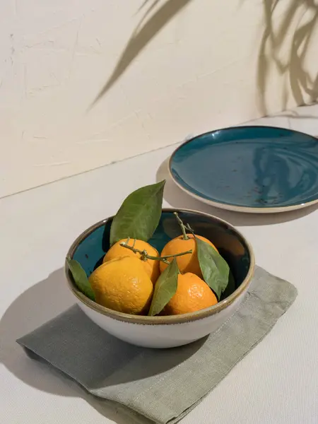 鲜嫩的橘子 装在蓝色陶瓷碗里 放在亚麻布餐巾上 阴影笼罩在阳光下 这生动而静谧的画面 图库图片