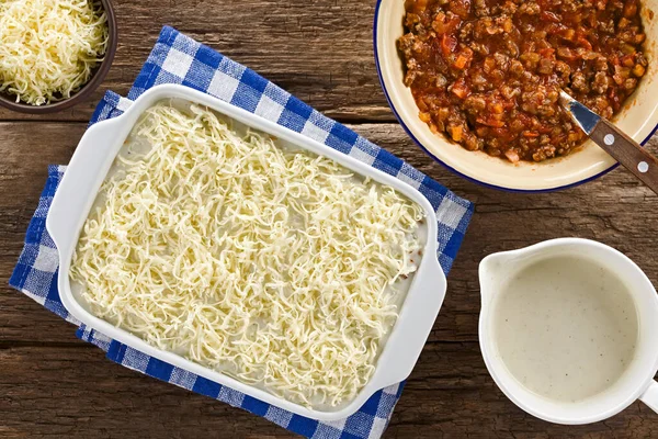 Grated Cheese Top Unbaked Homemade Lasagna Ingredients Side Photographed Overhead — Stock Photo, Image
