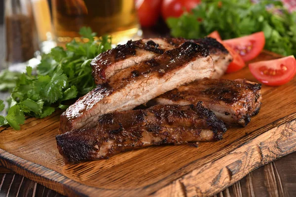 Delicious Baked Grilled Sliced Pork Belly Barbeque Sauce Plating Wooden — Stock Photo, Image