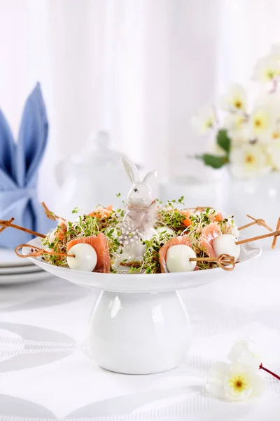 Appetizer Quail Egg Stuffed Alfalfa Sprouts Slice Salmon Wooden Skewer — 图库照片