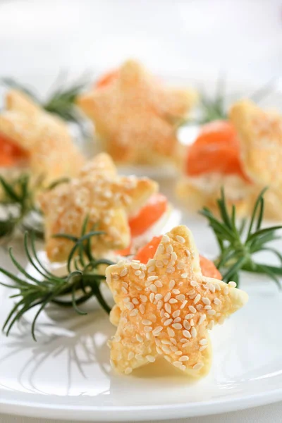 Festive Appetizer Puff Pastry Shape Star Stuffed Salmon Soft Cheese — Stock Photo, Image