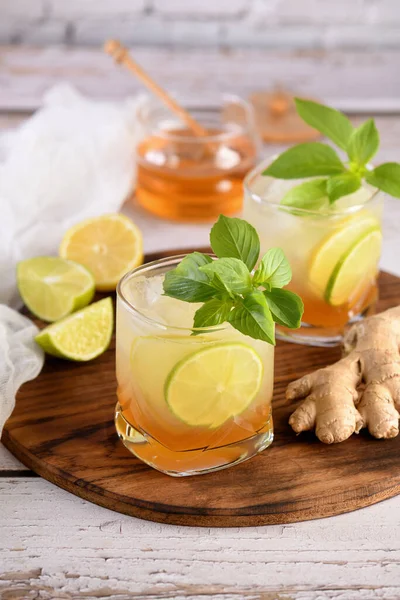 Refreshment Organic Non Alcohol Cocktail Honey Ginger Lemonade Touch Basil Stock Photo
