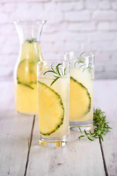 Glass Lemonade Pineapple Pieces Ice Cubes Rosemary Cold Refreshment Organic —  Fotos de Stock