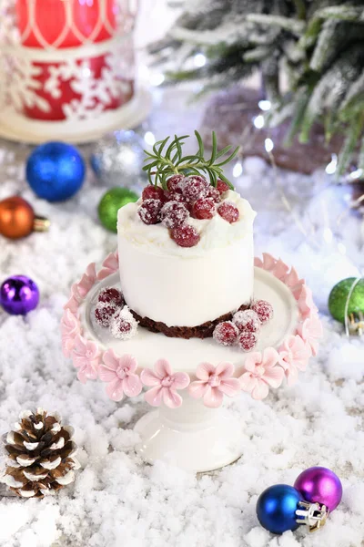 用椰子酱和希腊酸奶配上巧克力蛋糕是完美的甜点 加奶油和浆果 在圣诞节或除夕夜 善待你所爱的人和朋友 — 图库照片