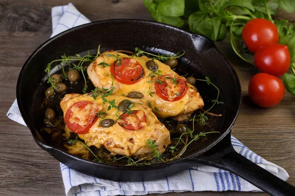 Tender Chicken Breast Baked Tomatoes Capers Herbs Cheese Crust Frying — Stok fotoğraf