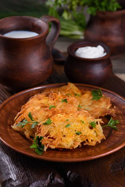 Potato Fritters Pancake Especially One Made Grated Potato Served Sour — Stock Photo, Image