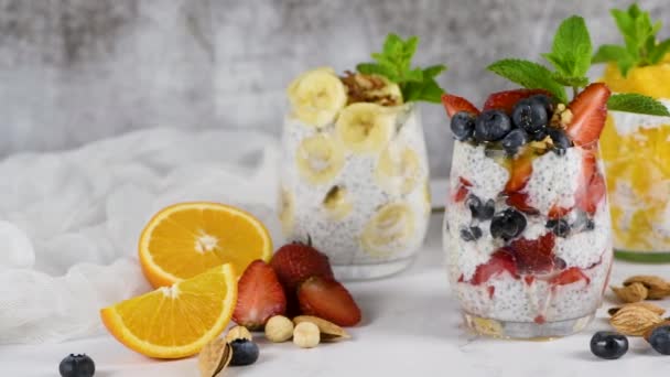 Este Pudim Chia Feito Com Iogurte Grego Pedaços Frutas Mel — Vídeo de Stock