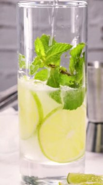  Naneli Mojito çocuklar ve ayıklığın için mükemmel alkolsüz bir tarif. Buzlu, limonlu ve naneli bir bardak tonikle doludur. Yakın plan. Bu bir dizi dikey videonun bir parçasıdır..