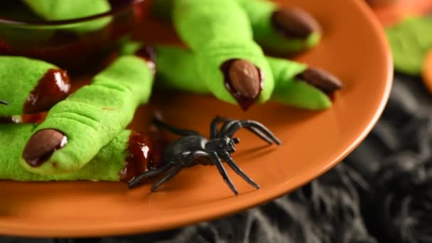 Delicious Halloween Treat Witch Fingers Green Sugar Cookies Raspberry Jam — Stock Video