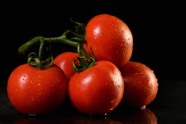 Koyu arkaplanda su damlaları olan taze olgun kırmızı domates dalı. Yakın plan. Yatay fotoğraf. Sebze pazarı veya dükkan için poster.