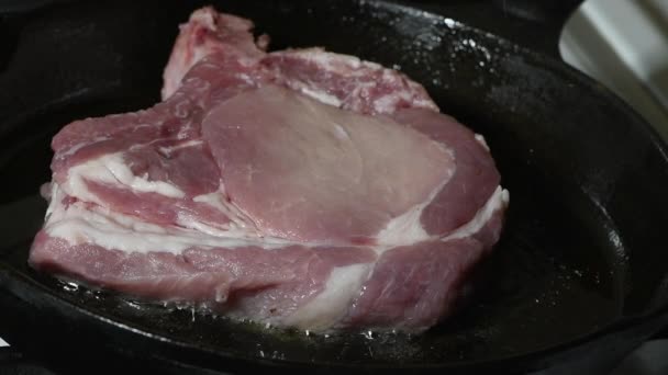 Einer Vorgeheizten Pfanne Ein Rohes Schweineschnitzel Auf Den Knochen Legen Stock-Filmmaterial