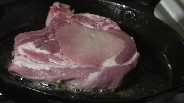 Ein Rohes Schweineschnitzel Auf Knochen Wird Mit Salz Und Pfeffer Stockvideo