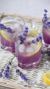 Yaz ferahlatıcı mojito kokteyli ve lavanta aromalı. Dikey video. Dairesel hareket.