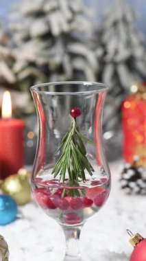 Christmas Snow Globe Cocktail, Rosemary Christmas Tree with Cranberry, Gin and Tonic. The perfect festive drink. Close-up. Real time