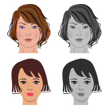 Öndeki kız yüzü, beyaz arka planda izole edilmiş. Vektör illüstrasyonu