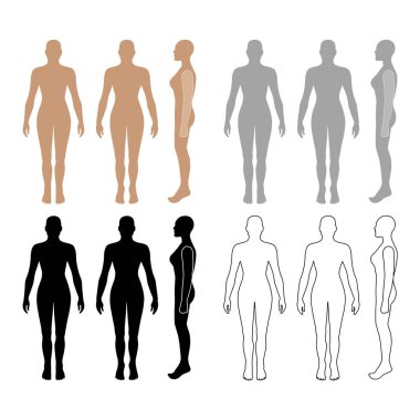 Önü, arkası, yan görünüşü bembeyaz arka planda soyutlanmış çıplak kadın silueti. Vektör illüstrasyonu