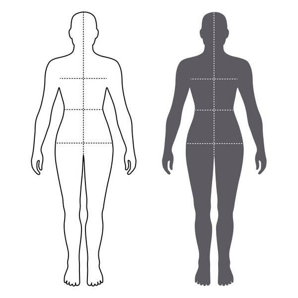 Fashion woman full length template bald figure silhouette with marked body's sizes lines front view, vector illustration isolated on white background