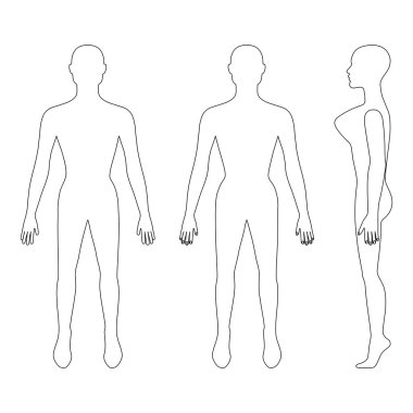 Önü, arkası, yan görünüşü bembeyaz arka planda soyutlanmış çıplak kadın silueti. Vektör illüstrasyonu. 