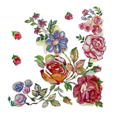 Gül desenli romantik çiçekli eşarp tasarımı yumuşak kırmızı, kızıl ve mavi desenli kır çiçekleri. Bu sanatsal desen vektör illüstrasyonu olarak kullanılabilir.