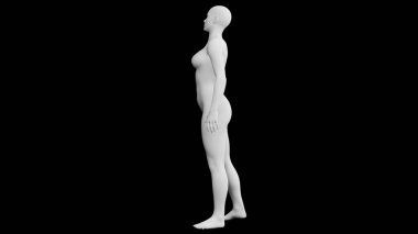 Siyah üzerine izole edilmiş güzel atletik genç bir kadın. Temel ağ, yapay zeka, robot. 3 boyutlu illüstrasyon, görüntüleme. Yan görünüm