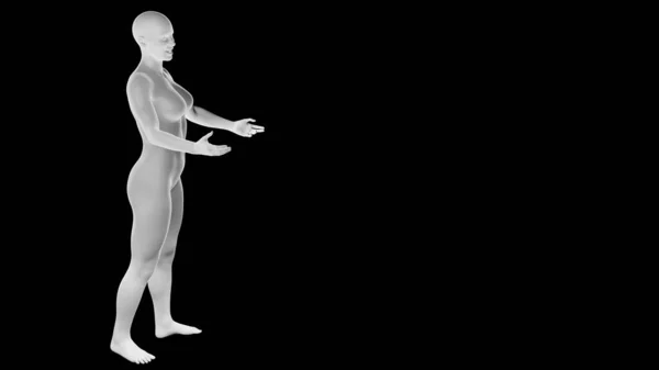 漂亮的年轻女运动员孤身一人站在黑暗中 基本网格人工智能机器人3D插图 侧视图 — 图库照片