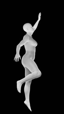 Siyah üzerine izole edilmiş güzel atletik genç bir kadın. Temel ağ, yapay zeka, robot. 3 boyutlu illüstrasyon, görüntüleme. Yan görünüm