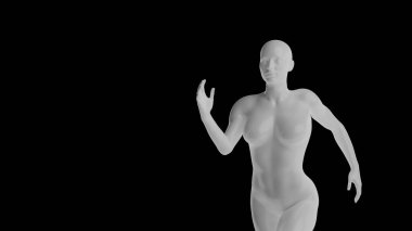 Siyah üzerine izole edilmiş güzel atletik genç bir kadın. Temel ağ, yapay zeka, robot. 3 boyutlu illüstrasyon, görüntüleme. Ön görünüm