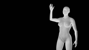 Siyah üzerine izole edilmiş güzel atletik genç bir kadın. Temel ağ, yapay zeka, robot. 3 boyutlu illüstrasyon, görüntüleme. Ön görünüm