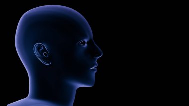 İnsan kafası (genç erkek) siyahın üzerinde parlıyor. Teknik olarak, Al. 3d illüstrasyon, görüntüleme