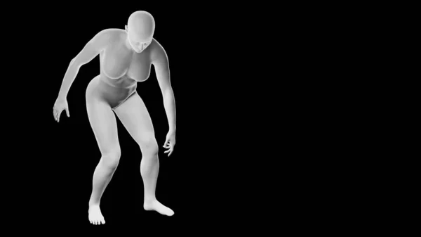黒人で隔離されたポーズをとる美しい陸上競技の若い女性 基本的なメッシュ ロボット 3Dイラスト レンダリング 正面図 — ストック写真