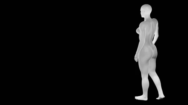 漂亮的年轻女运动员孤身一人站在黑暗中 基本网格人工智能机器人3D插图 从后面看 — 图库照片