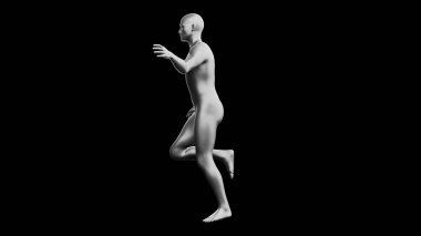 Güzel metalik gümüş adam poz veriyor, siyah arka planda izole edilmiş. 3d illüstrasyon (görüntüleme). Gümüş manken, android. Yan görünüm