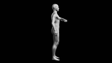 Güzel metalik gümüş adam poz veriyor, siyah arka planda izole edilmiş. 3d illüstrasyon (görüntüleme). Gümüş manken, android. Yan görünüm