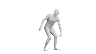 Güzel atletik genç adam poz veriyor, beyaz arka planda soyutlanmış. 3d illüstrasyon (görüntüleme). Yapay zeka, android, manken. Yan görünüm
