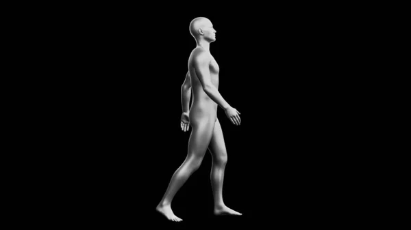 漂亮的年轻金属银人摆姿势 隔离在黑色背景 3D说明 银色的人体模型 机器人 侧视图 — 图库照片