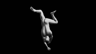 Güzel genç atletik bir adam enerjik bir şekilde break dans yapıyor, siyah arka planda izole edilmiş. 3d illüstrasyon (görüntüleme). Gümüş manken, android..