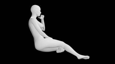 Siyah Arkaplanda Düşünceli Poz Veren Çapraz Ayaklı Kadın Manken. Yan Vie