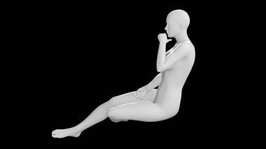 Siyah Arkaplanda Düşünceli Poz Veren Çapraz Ayaklı Kadın Manken. Yan Vie