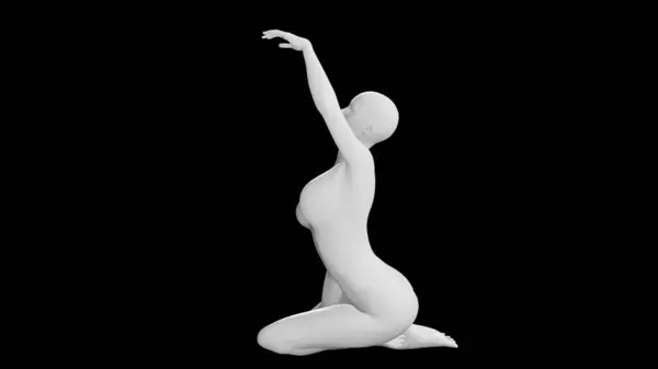 stock image Female Mannequin in Kneeling Pose with Raised Arm Isolated on Black Background. Side Vie